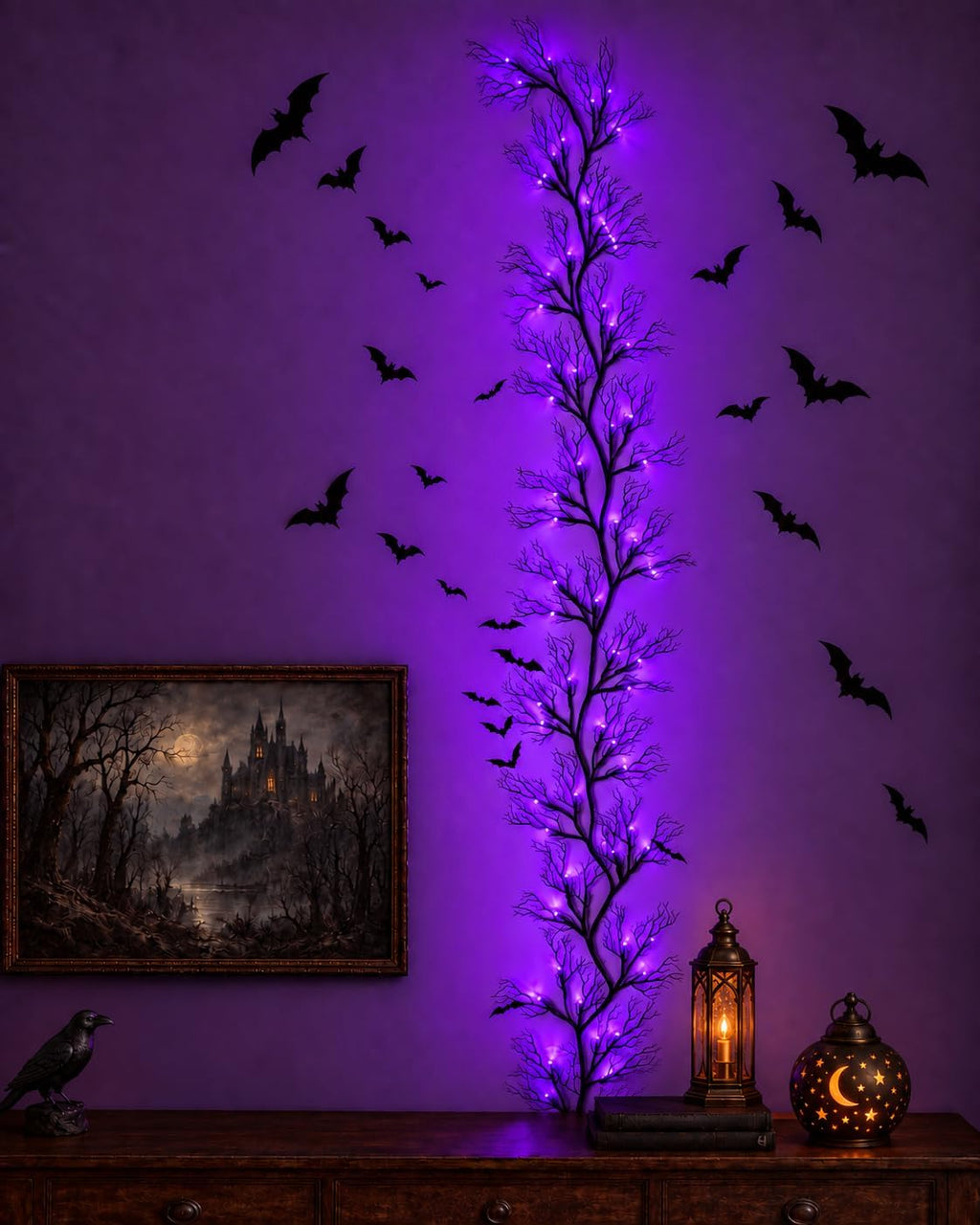 halloween twig garland decoration with 45 purple led, main product view