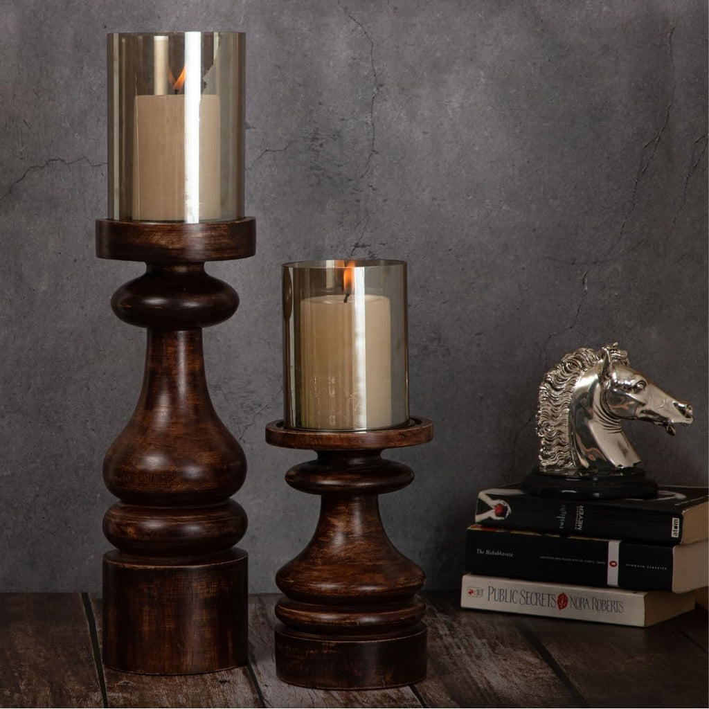 Wood Candle Holders Set of 2 Farmhouse Boho Pillar Candle Stands with Glass Covers Handmade Wooden Table Centerpiece Decor