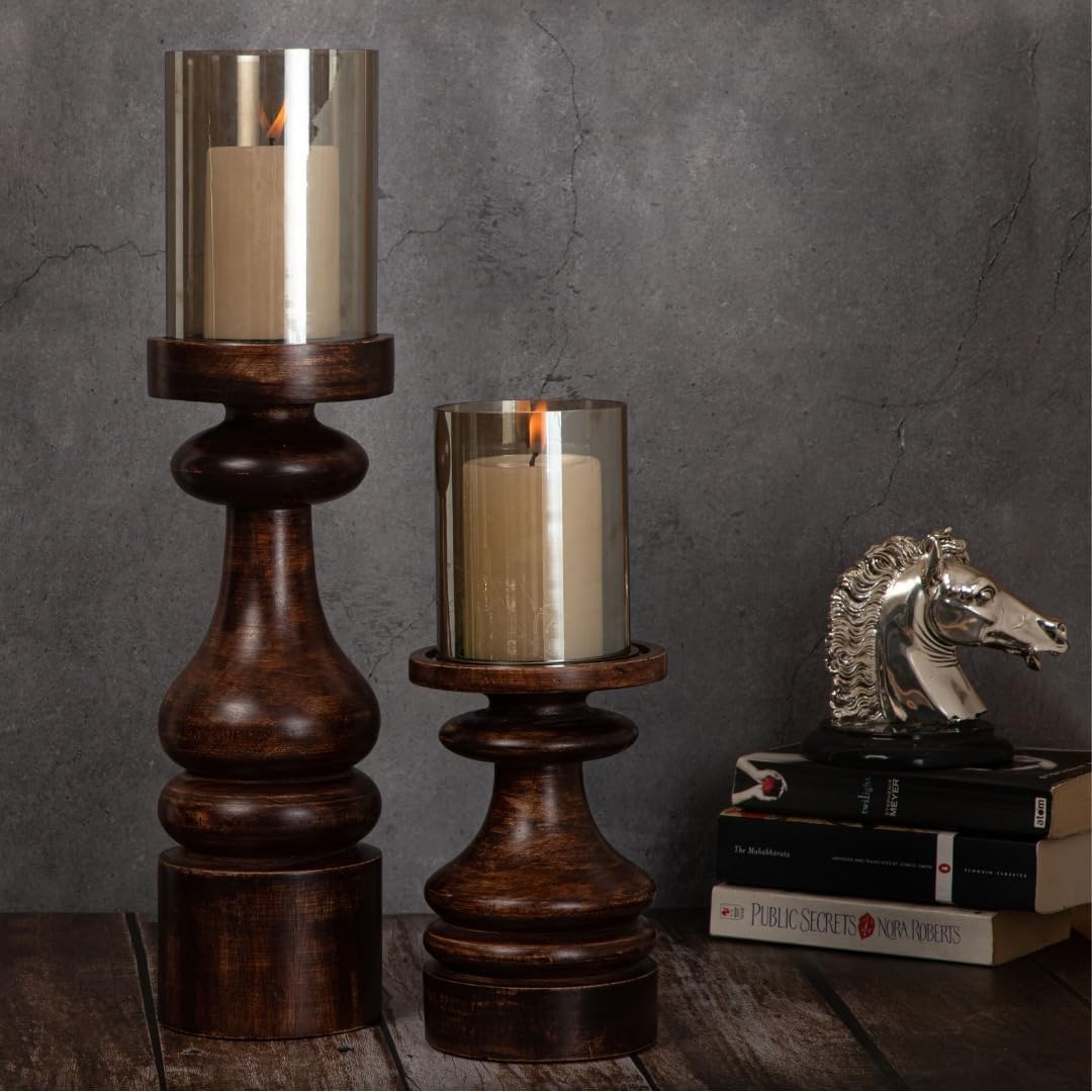 Wood Candle Holders Set of 2 Farmhouse Boho Pillar Candle Stands with Glass Covers Handmade Wooden Table Centerpiece Decor