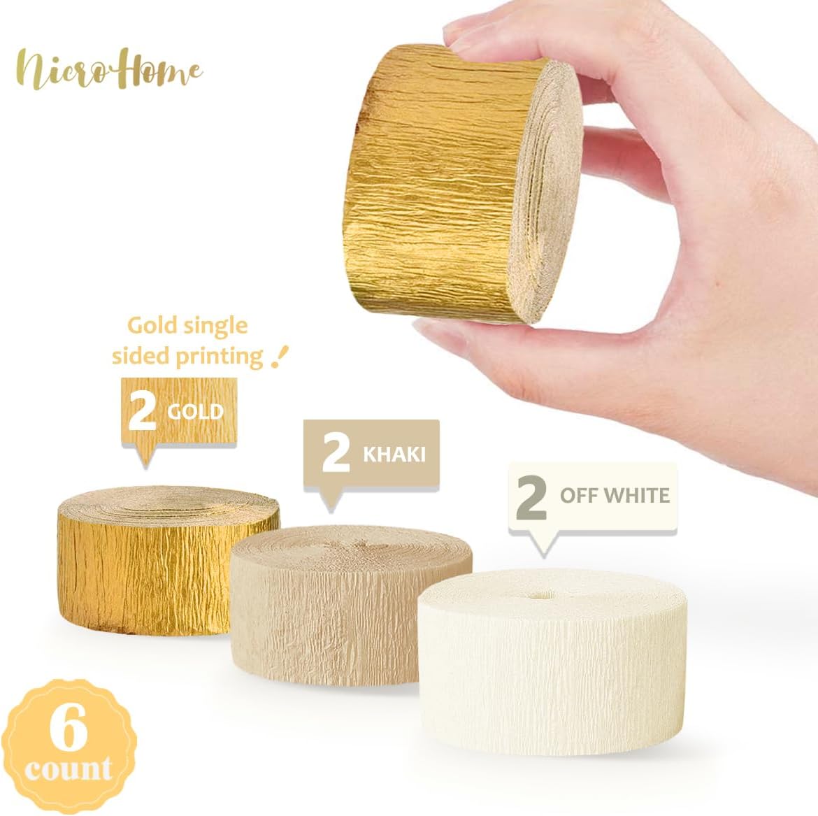 NICROHOME EUR Wedding Decorations, 6 Rolls Ivory White Gold Light Brown Crepe Paper Streamers for Bridal Shower, Birthday Party, Golden Engagement Party, New Year Decorations 82 Ft Long