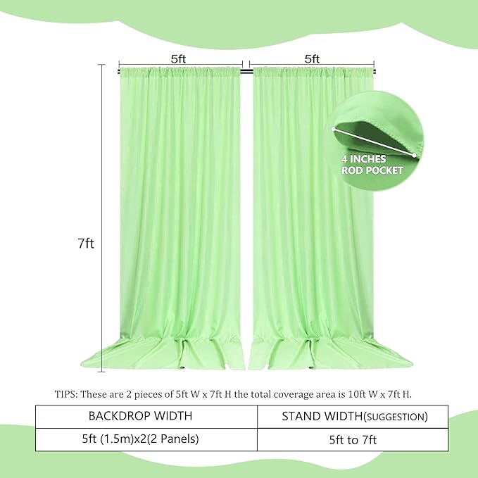 2 Panels Light Green Backdrop Curtain, 10 x 7 Feet Background Curtains for Parties, Weddings, Baby Showers, Bachelorette Halloween, Christmas Birthday Party Photoshoot Backdrop Curtains Decorations