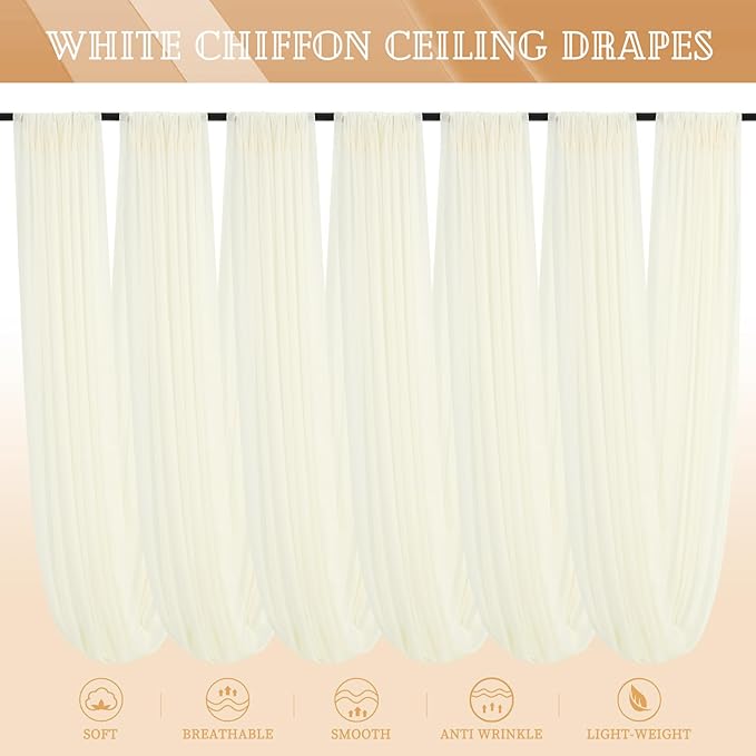 6 Panels Ivory Ceiling Drapes for Wedding 5ftx30ft Sheer Drapery Chiffon Fabric Arch Draping Curtains for Party Ceremony Birthday Baby Shower Reception Stage Ceiling Decorations