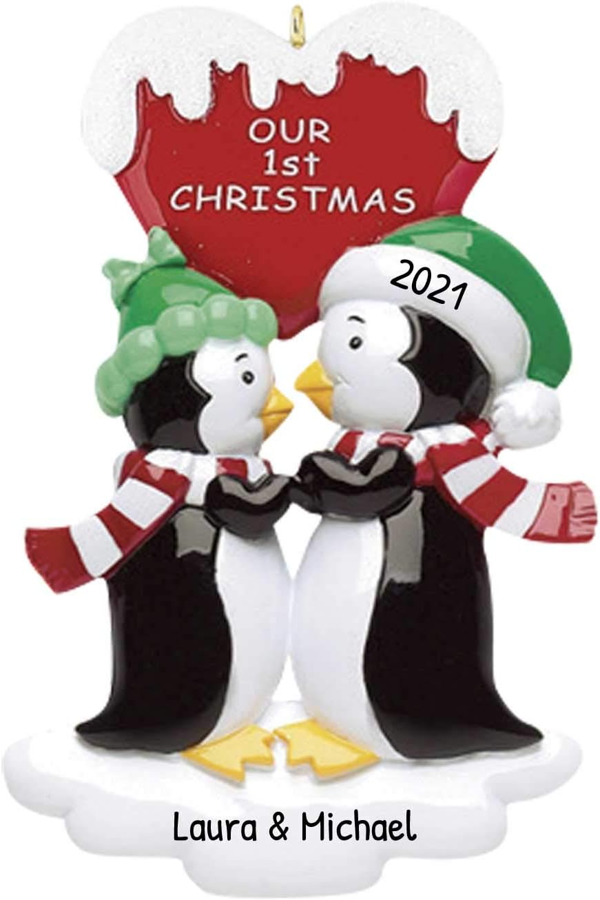 3D Personalized Our First Christmas Ornament 2026 Custom Penguin Couple Ornaments Snow Globe Couples Ornament 2026 Family of 2 Hearts Unique for Couple Ornaments Couples Unique Gifts