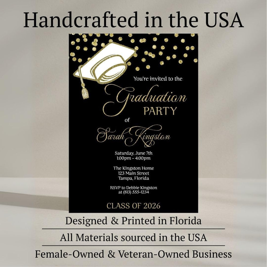 Graduation Invitations Black And Gold, Grad Cap Confetti Invite | Set of 12 | Customizable High School College Announcement Invites With Envelopes