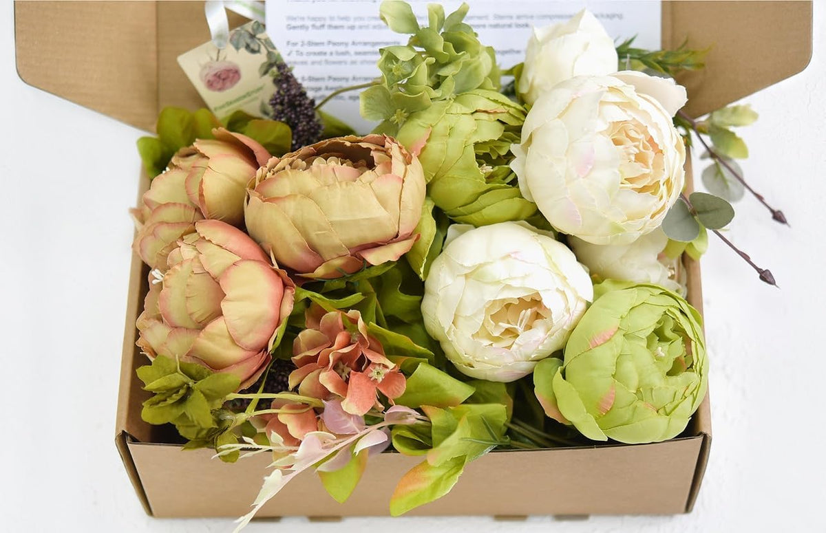 fiveseasonstuff rustic brown, beige & green artificial peony, side view