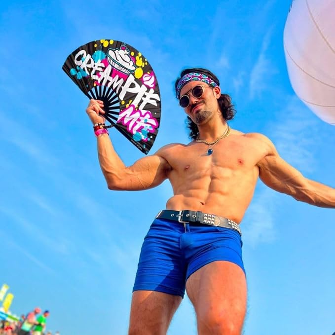 Kandies World Custom Festival Folding Hand Fan - Unique Designs, Made of Bamboo, Clacking Sound, Lightweight - Perfect Rave and Festival Accessory! (Cream Pie)