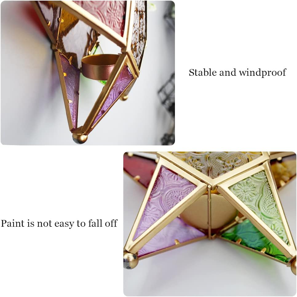 Modern Morocco Metal Art Candle Holders, Star Colorful Glass Christmas Holiday Home Wall Decor Lantern for Mantel Patio Garden with Hanging Loop