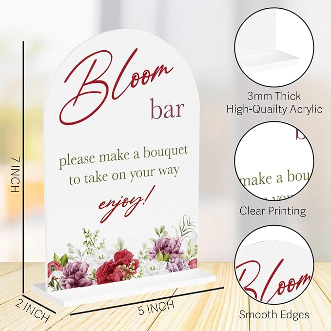 Bloom Flower Bar Sign for Wedding Bridal Shower Bouquet Bar Decor Sign Stuff Acrylic Arch Wedding Bridal Shower Baby Shower Welcome Table Signs for Ceremony and Reception 7 x 5 Inches