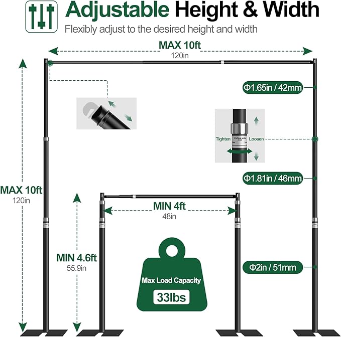 FUDESY Pipe and Drape Backdrop Stand Kit, 10x10ft Heavy Duty Backdrop Stand Adjustable Background Frame with Metal Base for Photography Wedding Parties Events Decoration, Black