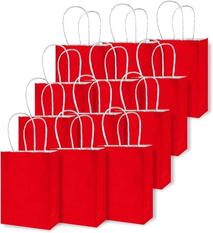 qiqee 50-Packs Red Paper Gift Bags with Handles Bulk 4.5"x2.5"x6" Mini Size Party Favor Bags Multiple Uses
