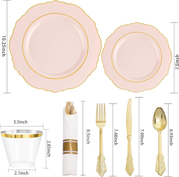 Liacere 350PCS Pink Plates Disposable - Pink and Gold Plates 50guest Baroque Plastic Dinnerware include 100Plates, 50Pack Pre Rolled Napkins with Silverware 50Cups Perfect for Wedding＆Mother's Day