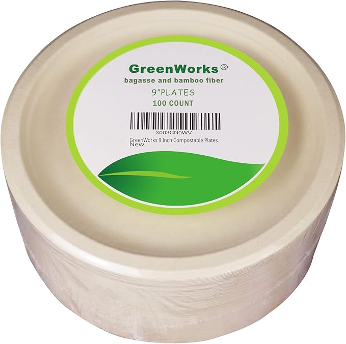 GreenWorks 100 Count 9“ Heavy-duty Compostable Plates, Unbleached Biodegradable Bagasse and Bamboo fiber Paper Plates