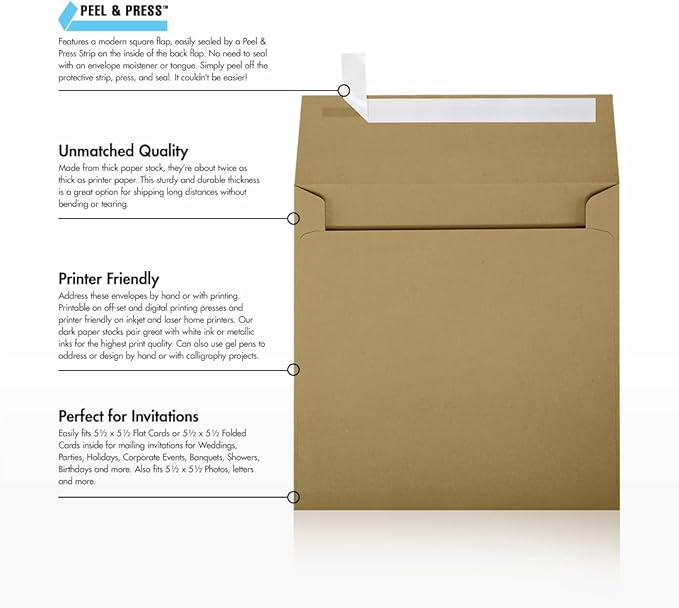 LUXPaper Square Invitation Envelopes | Peel & Press | 5 3/4" x 5 3/4" | Grocery Bag Brown | 70lb. Text | 50 Qty