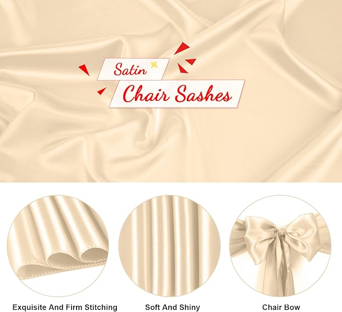 50 PCS Satin Chair Sashes Bows Universal Chair Ribbon Ties Back Sash for Wedding Party Reception Events Banquets Hotel Event Chair Cover Decoration (Champagne 7x108 inch)