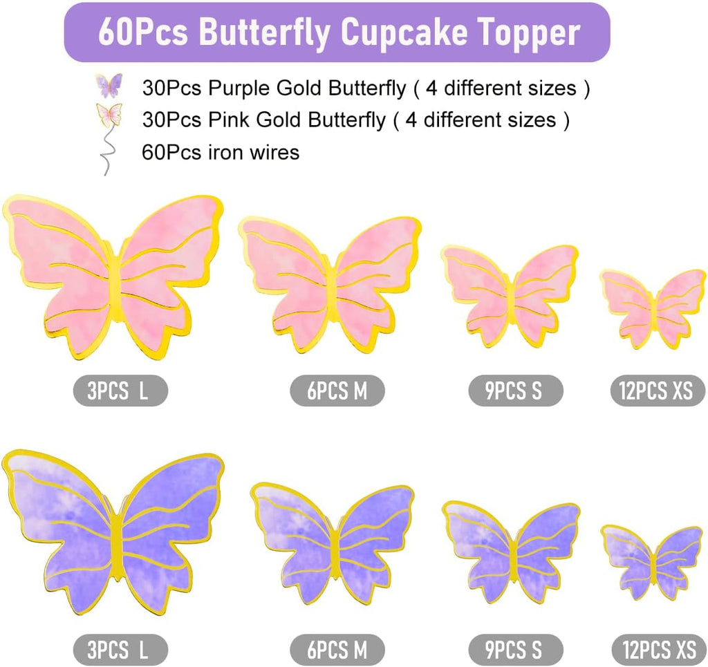 60Pcs Butterfly Cupcake Topper Pink Purple Gold, Lively 3D Butterflies for Cake Decor Birthday Anniversary Kids Wedding Girl Women Party Wall Food Decorations,Mixed Size