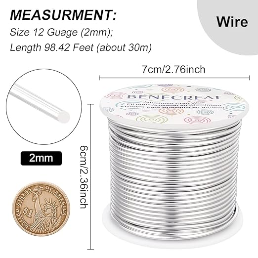 BENECREAT 12 17 18 Guage Aluminum Wire (12 Gauge,100FT) Anodized Jewelry Craft Making Beading Floral Colored Aluminum Craft Wire - Silver