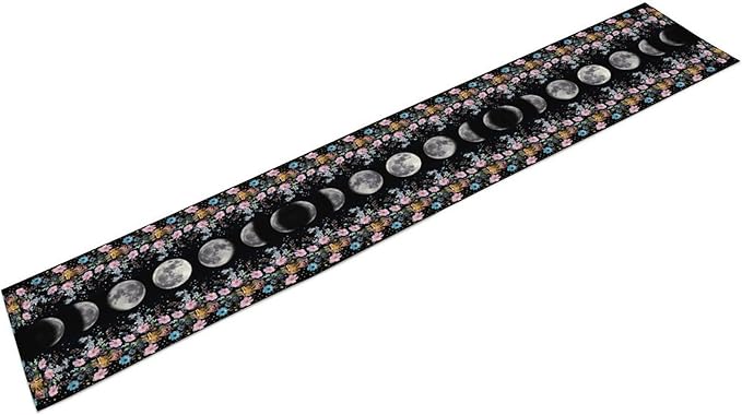 Boho Floral Moon Table Runner, Spring Flower Leaves Mystical Gothic Sun Moon Table Runner for Kitchen Dining Table Home Party,13x70 Inch Purple