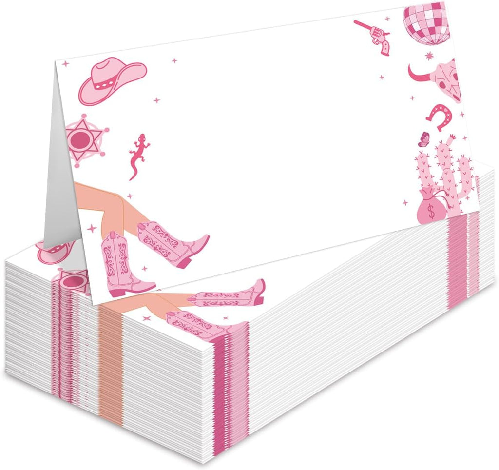 25 Pack Cowgirl Table Place Cards for Wedding Birthday Party, Pink Cowgirl Filled-In Name Place Cards, Foldover Seating Table Card (Folds into 3.5 * 2 Inches)-B02