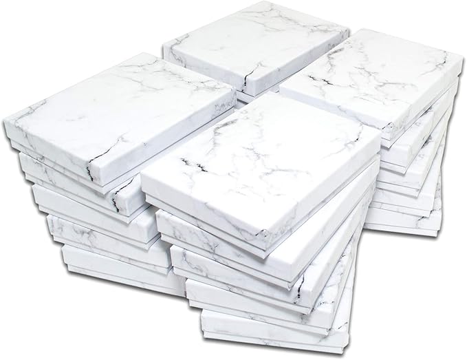 TheDisplayGuys - 25-Pack #53 Kraft Paper Cardboard Gift Boxes/Jewelry Cases w. Cotton Padding & Lid - Marble White - (5.4" x 3.9" x 1.0")