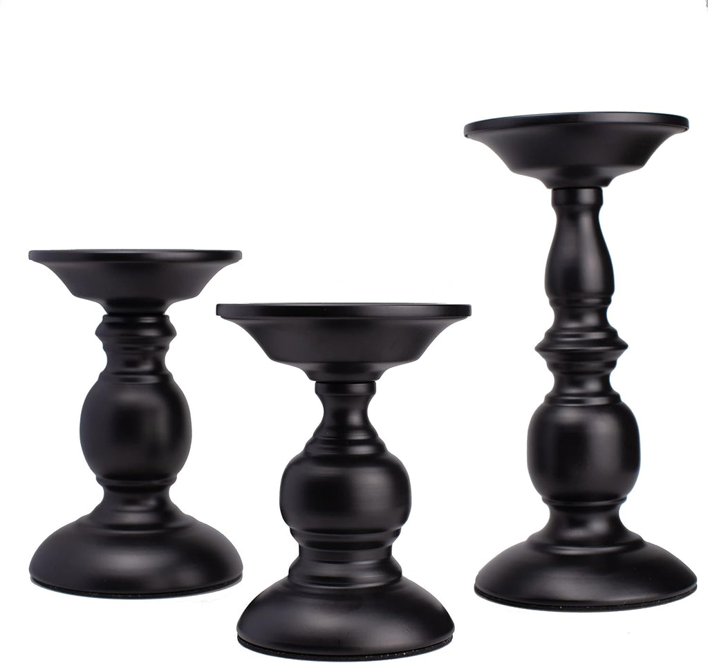 BANOMII Black Pillar Candle Holders Set of 3, Vintage Candle Holder for Table Centerpiece & Fireplace Decor, Decorative Antique Candle Stand for Dining & Living Room Decoration