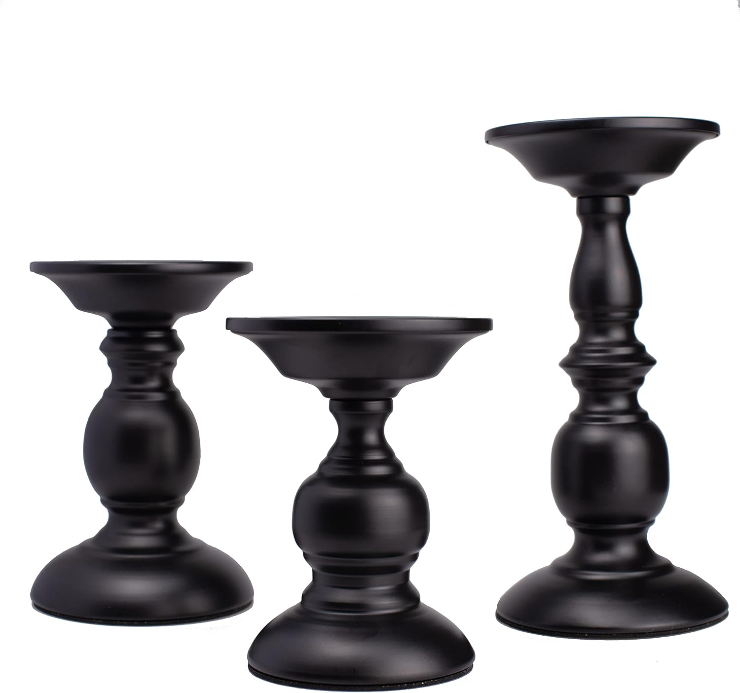 BANOMII Black Pillar Candle Holders Set of 3, Vintage Candle Holder for Table Centerpiece & Fireplace Decor, Decorative Antique Candle Stand for Dining & Living Room Decoration