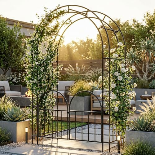 7ft garden arbor with gate, garden arch trellis, front angle view