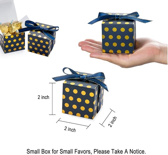 Navy Blue Gift Candy Box with Gold Dots Bulk 2x2x2 inches with Ribbon Party Favor Box for Birthday Graduation Party, Gold Dots,Pack of 50