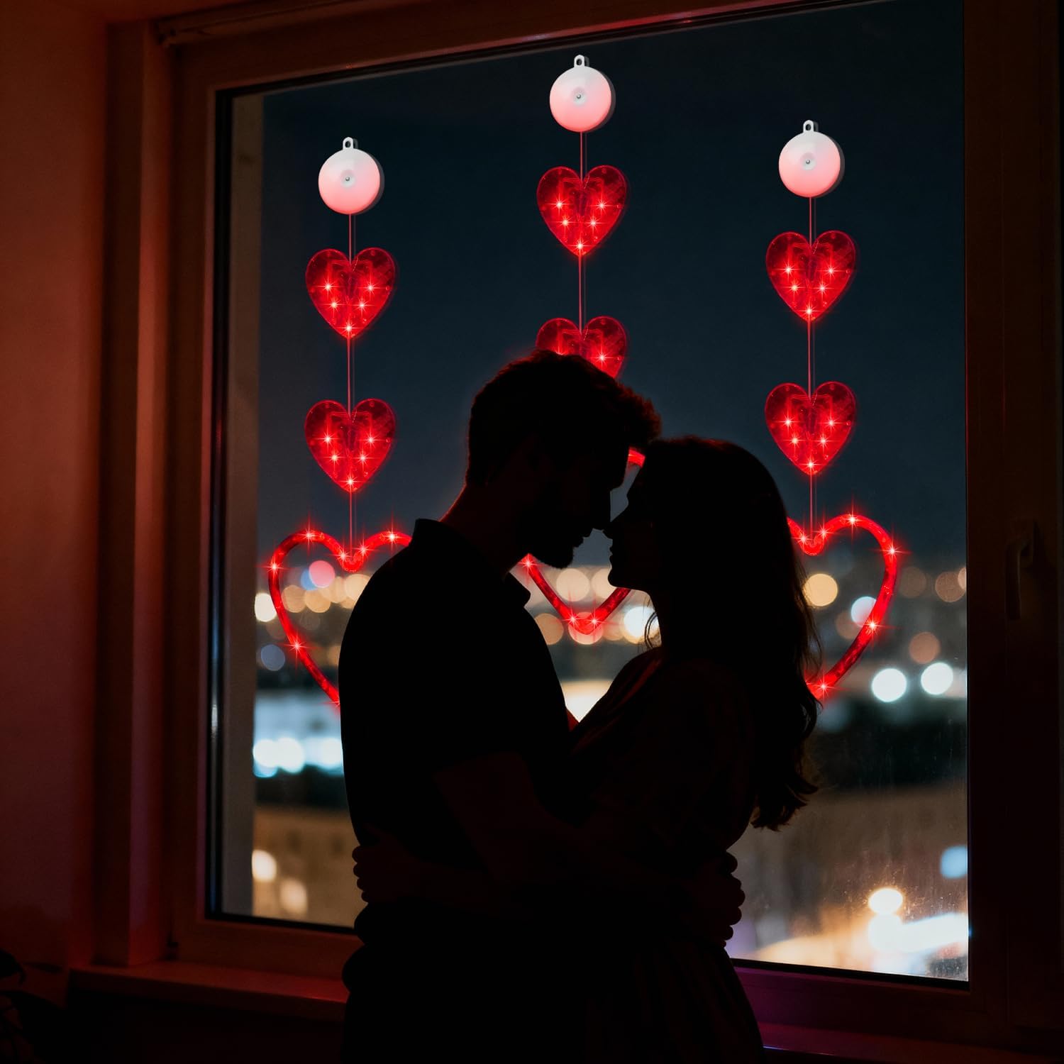 Artmag 3 Pcs Valentines Day Window Lights Decorations with Timer, Three Hearts Shaped Silhouette Battery Powered Hanging Led Lamp for Valentine's Day Lover Home Decor Red