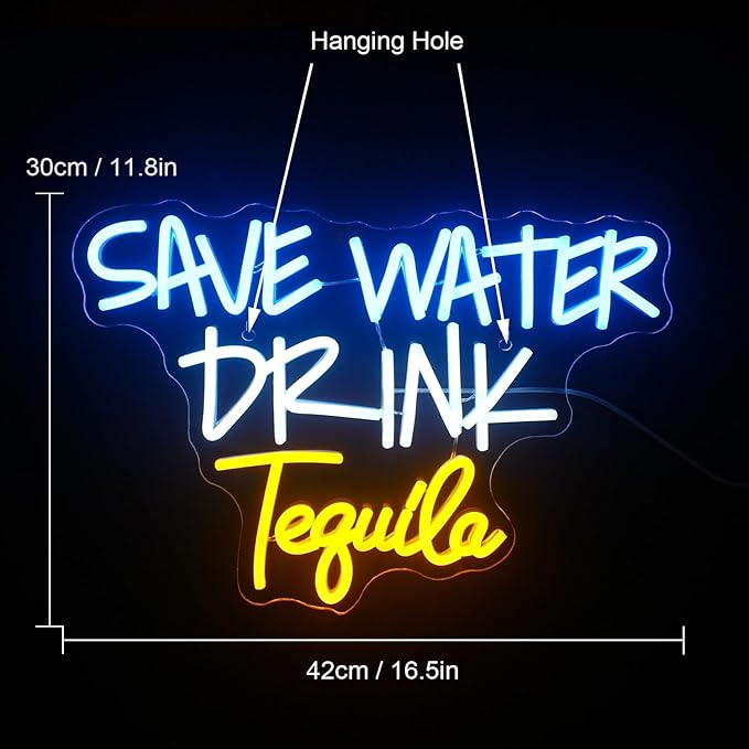 Save Water Drink Tequila Neon Sign Led Neon Lights for Wall Decor Usb Light Up Signs for Home Beer Bar Bedroom Restaurant Man Cave Cafe Bistro Club Party Decorations Gift