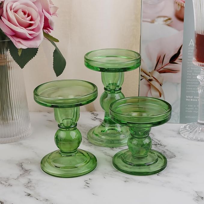 6-Piece Set of Green Glass Candlestick, Crystal Candlestick Holder Holder and Conical Candle, Christmas Candle Holder Decoration, Family Living Room Wedding Candle Holder (green2sets)