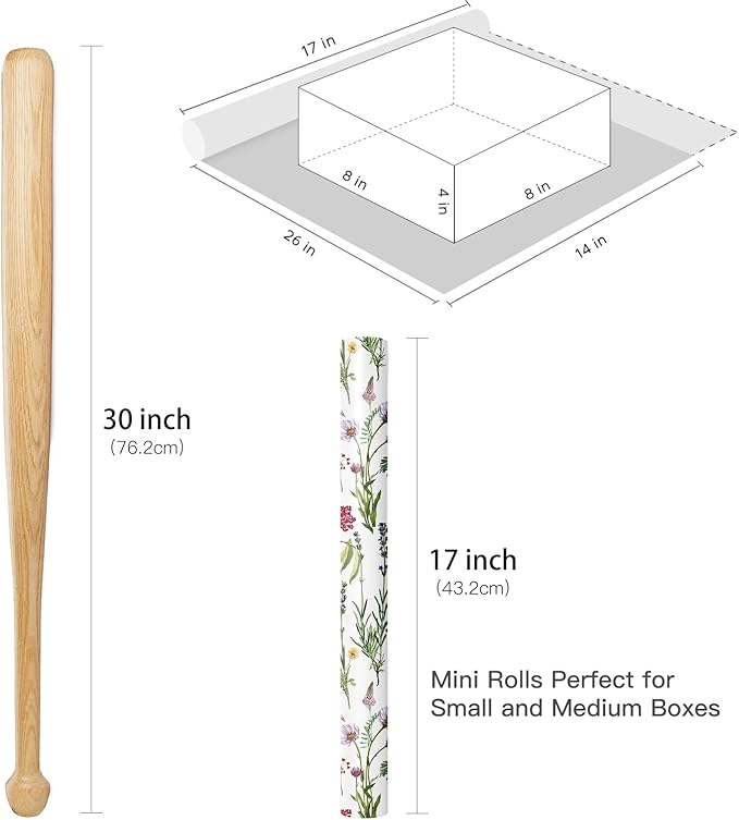 RUSPEPA Floral Wrapping Paper Roll for Women Girls, Mini Roll, Elegant Wild Flower Design Gift Wrap Paper Perfect for Birthdays, Bridal Shower, Spring, Wedding, Mother's Day, 17 Inch x 16.4 Feet