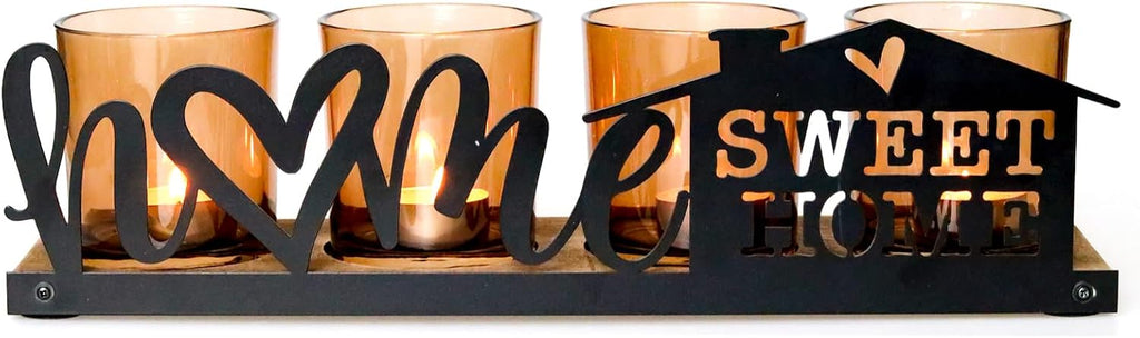 Amber Glass Candle Holder with Farmhouse Wood Tray, Sweet Home Tealight Holder Centerpiece for Dining Table, Rustic Metal Sign Votive Tray for Fireplace Mantel Living Room Decor Housewarming Gift