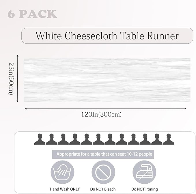 6 Pack White Cheesecloth Table Runner 23x120 inch Rustic Boho Gauze Table Runner 10 FT Long Sheer Cheese Cloth Fabric Table Runners for Romantic Wedding Bridal Shower Birthday Party Decor