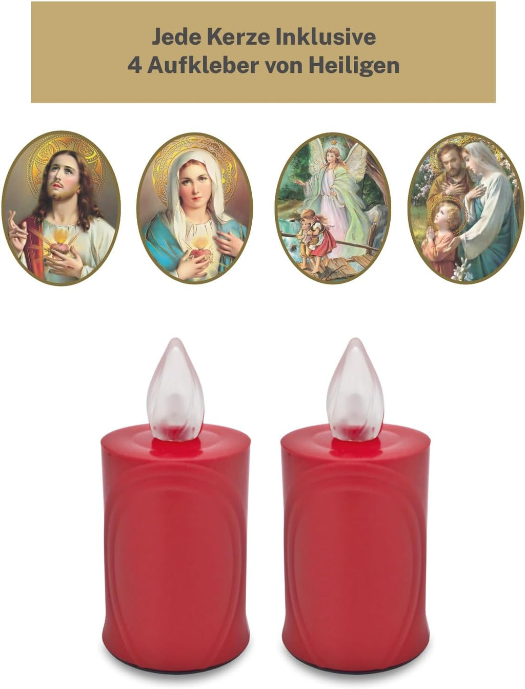 LED Votive Candle Memorial Light – Flickering Effect Like a Real Candle – Long Burning time up to 120 Days – Reusable Cemetery Remembrance Eternal Candle – RED – Mixed Saints Sticker Set