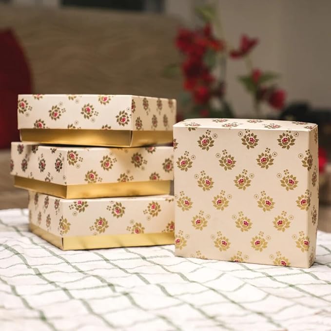 Desi Favors Floral Printed Sweet Boxes for Indian Sweets, Cookies, Goodies, Mithai, Candy, Gift Boxes with Lids Bulk, Handmade Bulk Mithai Box, Favor Boxes for Wedding, 2.95x5.51 Inch (Pack of 4)