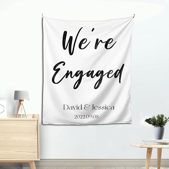 We're Engaged Backdrop, Custom Tapestry with Names and Date, Personalized Calligraphy Wedding Banner for Ceremony, Engagement Backdrop, Rustic Wedding Sign, Reception Backdrop, Engagement Party Decor
