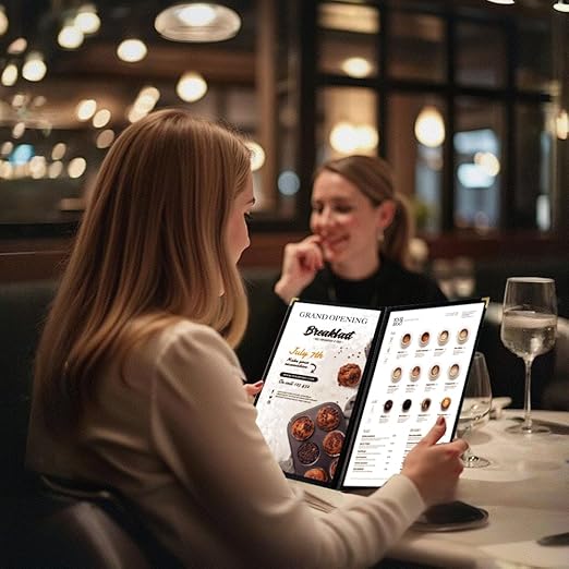 Goodsmart Restaurant Menu Covers – 25 Pack Black 8-View Booklet 8.5" x 14", Side-Loading Vinyl & Plastic Menu Holders, Clear Menu Sleeves, Leather-Style Café Covers with Gold Corners