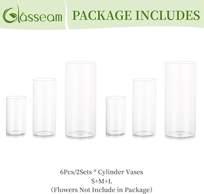 Glasseam Clear Cylinder Vases for Centerpieces, Glass Cylinder Vase Set of 6, Hurricane Vase for Flowers, Glass Cylinder Candle Holder for Pillar Candles, Floating Candle Vases for Wedding Decorations