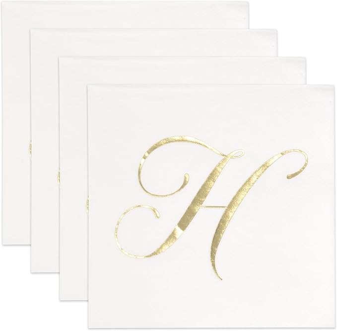 Gift Boutique 100 Gold Monogram Cocktail Napkins Letter H Disposable Paper Pack Elegant Metallic Golden Foil Hand Napkin for Powder Room Wedding Holiday Birthday Party Baby Shower Decorative Towels