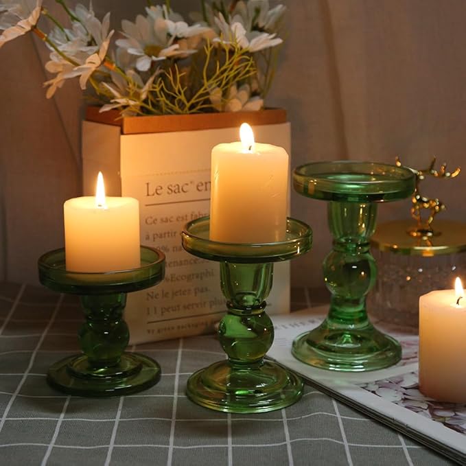 6-Piece Set of Green Glass Candlestick, Crystal Candlestick Holder Holder and Conical Candle, Christmas Candle Holder Decoration, Family Living Room Wedding Candle Holder (green2sets)