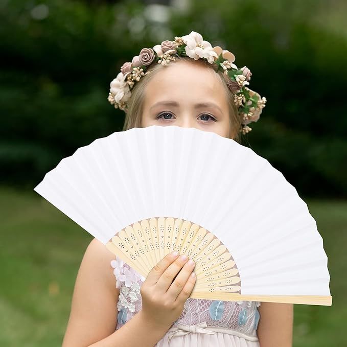 Aneco 36 Pieces Handheld Paper Fans Paper Folding Fans with Bamboos for Wedding Gift, Party, Home, DIY, White