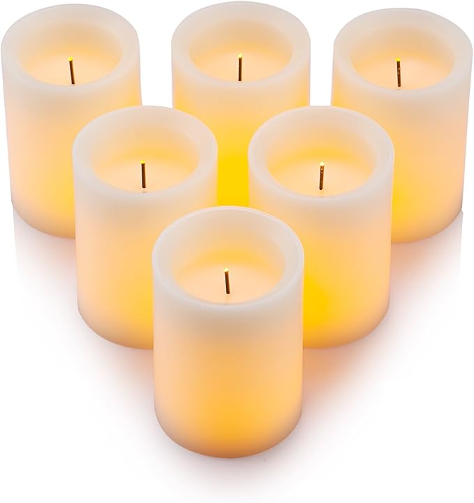 Flameless Flickering LED Candles 3" X 4" with 10-Key Remote Control Timer Classic Pillar Optical Fiber Wick Real Wax Battery Operated Candles, Ivory Color, Set of 6