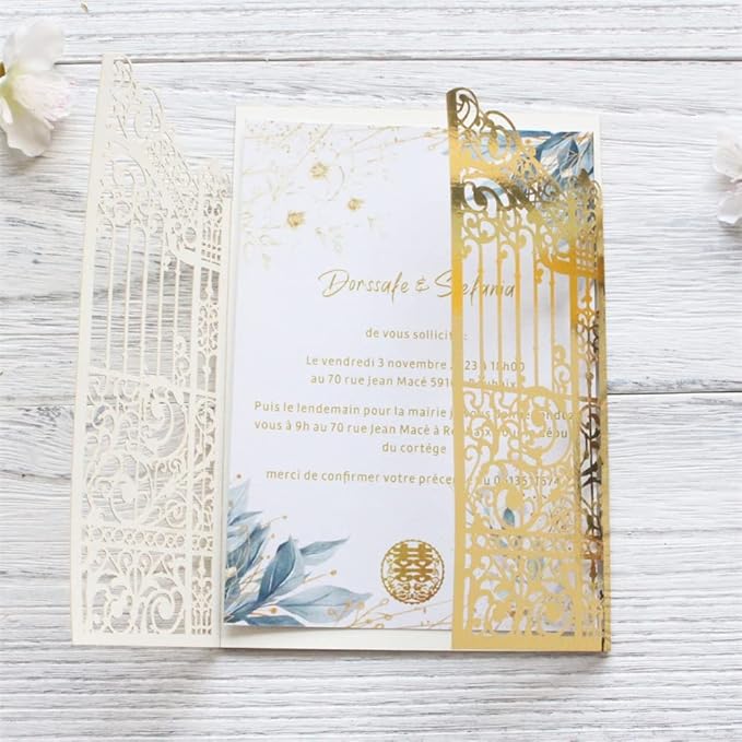 MillaSaw Metallic Gold Gate Invitation for Wedding Marriage Quinceanera Mermaid Anniversary 25 Sets (metallic gold, 4.9"x7.1")