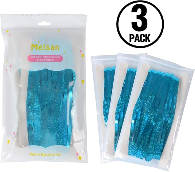 Foil Fringe Curtains Party Decorations - Melsan 3 Pack 3.2 x 8.2 ft Tinsel Curtain Party Photo Backdrop for Birthday Party Baby Shower or Graduation Decorations April fool's Day Decorations Teal