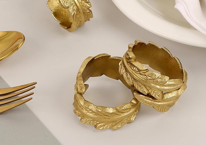 Gold Leaf Napkin Rings Set of 12 - Round Metal Napkin Holders for Dining Table Settings - Elegant Leaf Design for Weddings, Parties, Holiday Décor, Family Dinners & Special Occasions - CLEENTABLE