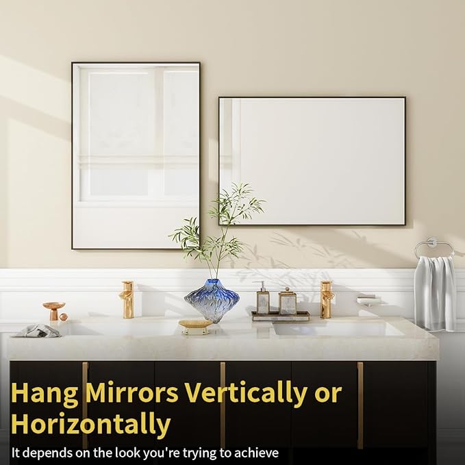 BEAUTYPEAK Black Bathroom Wall Mirror - 26" x 38" Rectangular Mirror with Metal Frame, Hangs Horizontal or Vertical for Living Room Bedroom Bathroom Entryway