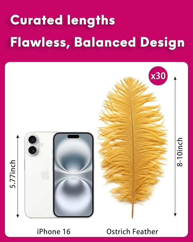 NEWONG 30pcs Gold Ostrich Feathers Natural Bulk 8-10inch(20-25cm) Vase Craft Wedding Home Party Centerpieces Christmas Day Decoration