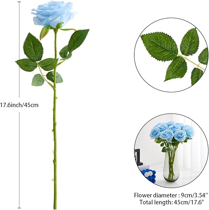Artificial Rose 10pcs Open Flower Bouquet Faux Rose Stems for Wedding Arrangement, Bridal Bouquet, Centerpiece, Fake Faux Silk Flowers (Blue)