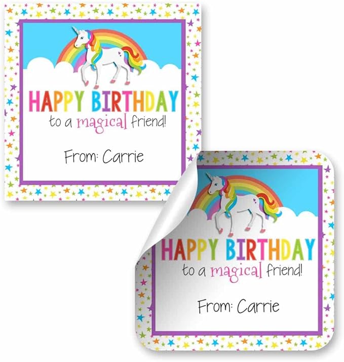 Custom & Personalized Rainbow Unicorn Happy Birthday Gift Tag Sticker Labels, 24 2.5" Square Stickers by Amanda Creation