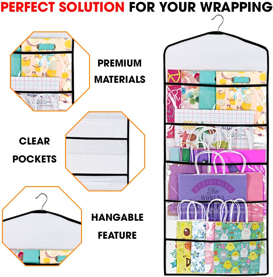 Gift Bag and Tissue Paper Storage, Hanging Organizer with Multiple Front and Back Pockets Double Sided, Organize Gift Wrap and Paper Bags 38 x 16 Inch (Black seam)